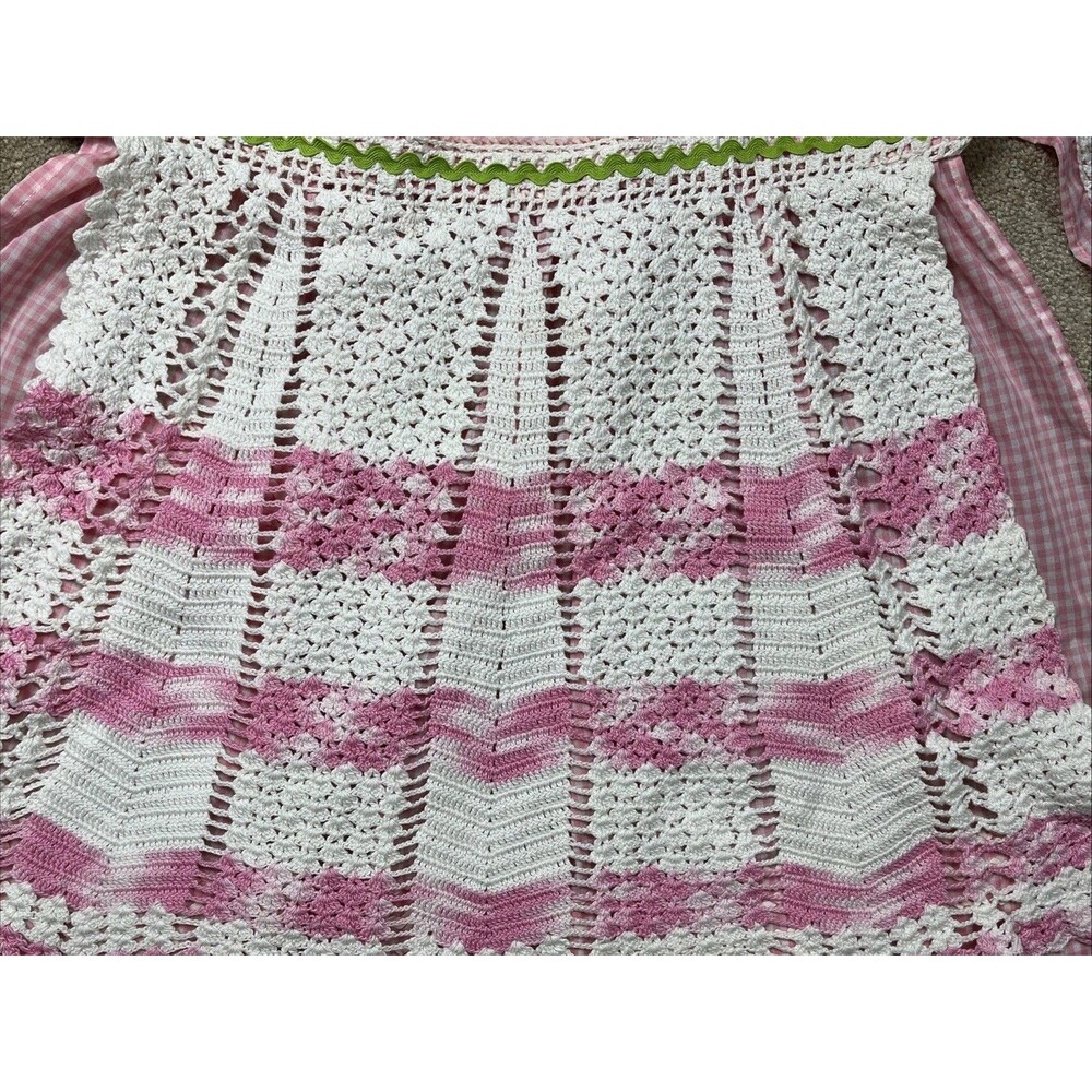 VTG 50-70s Handmade Child’s Linen Apron Pinafore Embroidered Crochet Gingham EUC - Picture 4 of 13